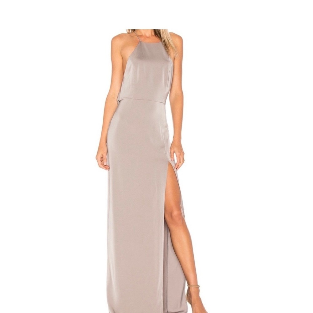 Lovers + Friends Halter Gown Maxi Dress Formal Taupe S Open Cowl Back Slit